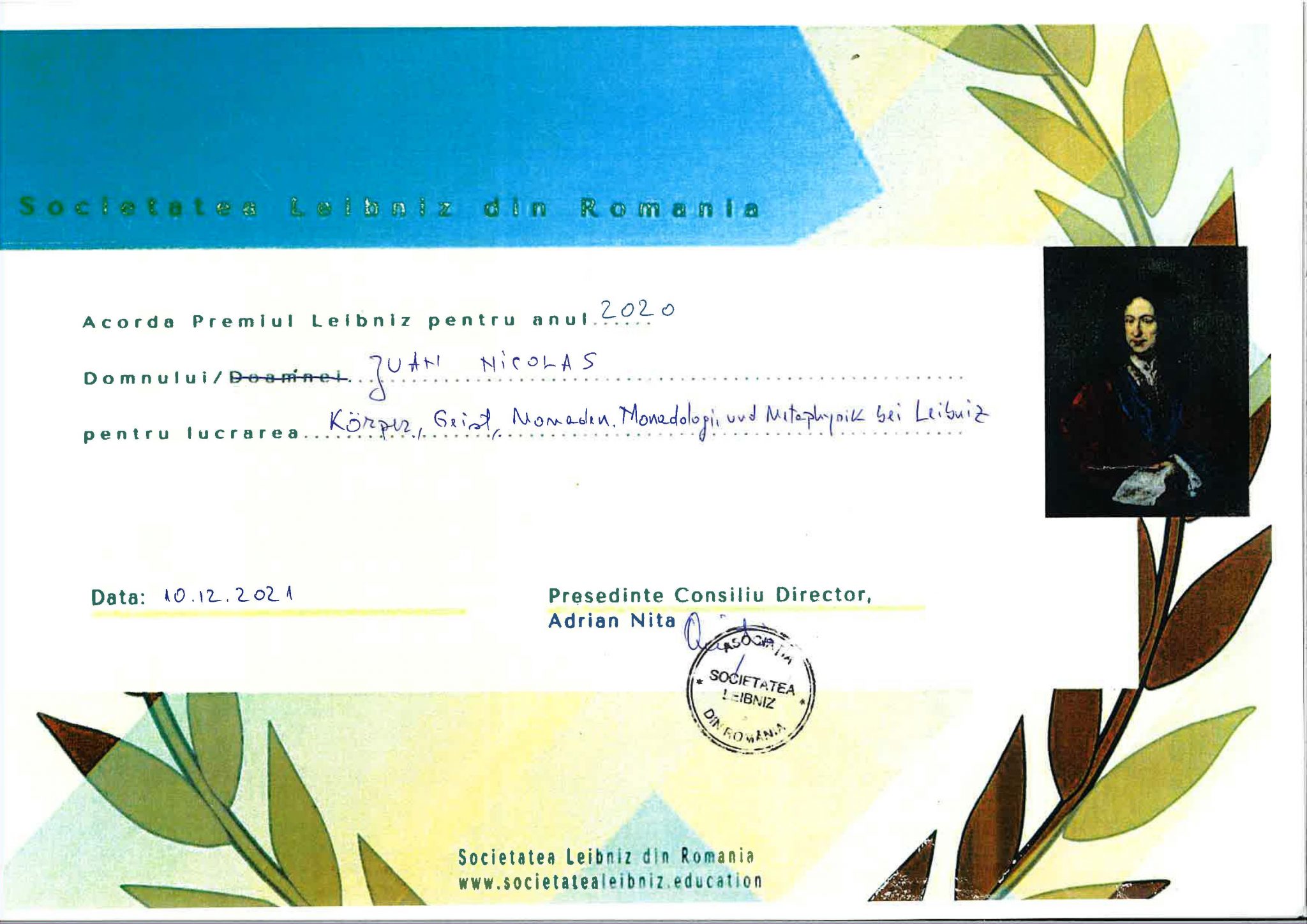 Premio «G.W. Leibniz 2021» de la Sociedad Leibniz de Rumania.  (10 Dic. 2021)